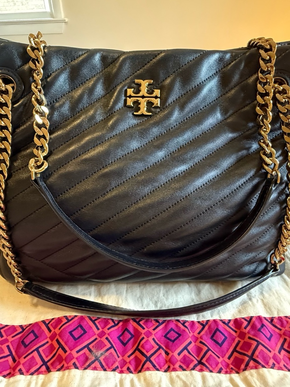 Tory Burch Black Quilted Leather Shoulder Bag with Gold Hardware